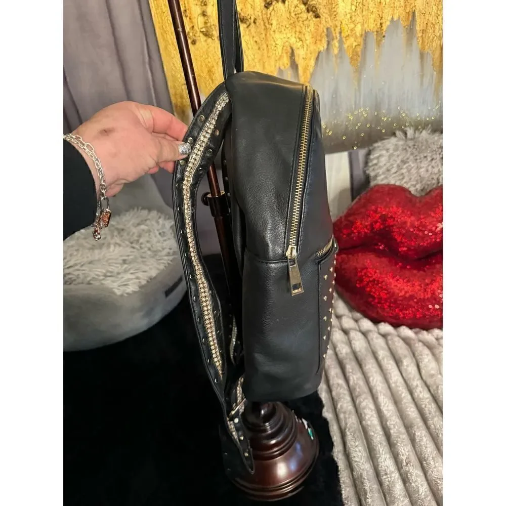 Rhinestone strap rivet studded black vegan leather backpack